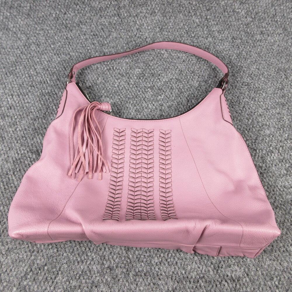 The Sak Hobo Bag Womens Large Pink Leather Woven Tassel Zip Silver Hardware